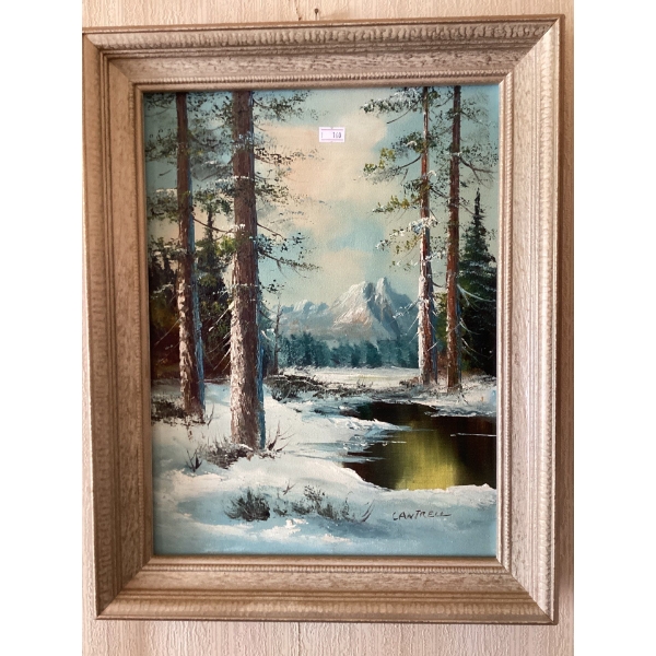 This is a vintage oil painting by the American artist Phillip Cantrell. 
The artwork depicts a winte