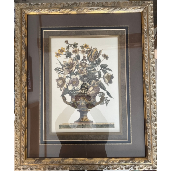 framed wall art print titled "Flowers in an Urn I" or "Flowers in an Urn II" by Piranesi/Roy, often
