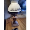 Image 1 : This is a vintage Currier & Ives milk glass hurricane electric lamp featuring a black and white farm