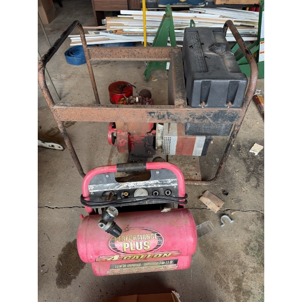 Performance Plus air compressor and a gasoline-powered generator with a 3 HP engine. The generator i