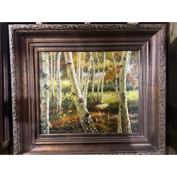 oil on canvas landscape painting featuring a birch forest scene, typical of vintage 