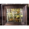 Image 1 : oil on canvas landscape painting featuring a birch forest scene, typical of vintage 