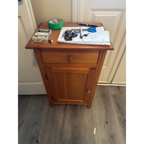 Beautiful wood cabinet with drawer and cupboard, great for a nightstand or front entry
