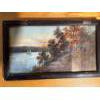 Image 2 :  vintage framed landscape painting depicting a riverside scene with a sailboat,Featuring autumn foli