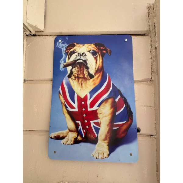 A British Bulldog Union Jack Patriotic Metal Sign, could be used for decorative purposes in homes, p