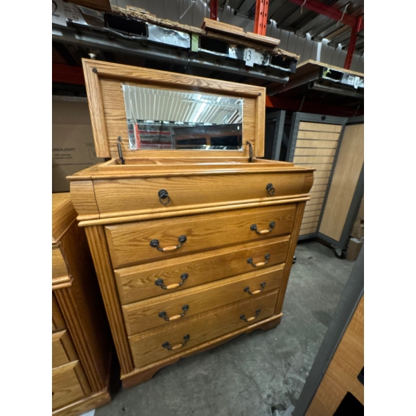 Side dresser slash jewelry box with mirror inside. 38 and a half inches wide by 17 inches deep by 45