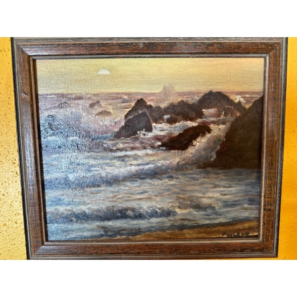 This item is a framed vintage oil painting on canvas depicting a coastal seascape with ocean waves b