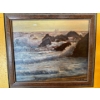 Image 1 : This item is a framed vintage oil painting on canvas depicting a coastal seascape with ocean waves b