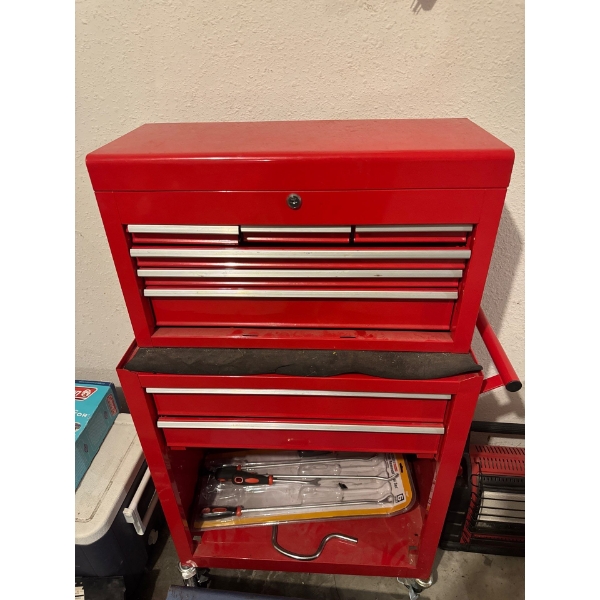 Red toolbox with 3 small drawers and 5 full length drawers, including all contents inside toolbox, m