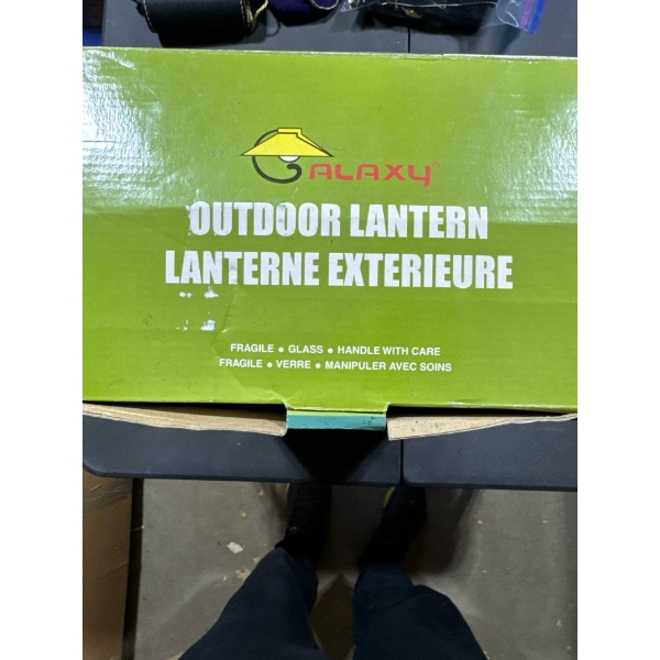 Outdoor lantern. Width, six dash three eighths of an inch. Height, 17 dash half inch. Lamp, one by 1