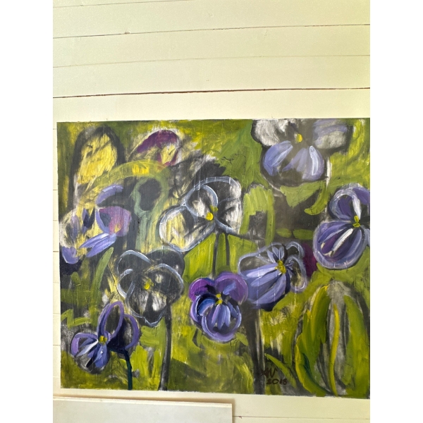 floral painting,  an oil on canvas, depicting purple pansy flowers against a green background. 
It 