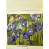 Image 1 :  floral painting,  an oil on canvas, depicting purple pansy flowers against a green background. 
It 