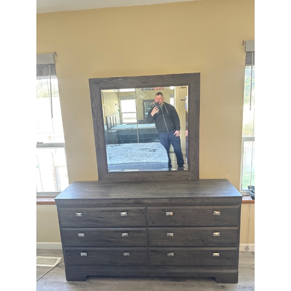 Dresser with mirror. 61 and a half wide. The dressers, only 32 and a half to the top of the dresser 