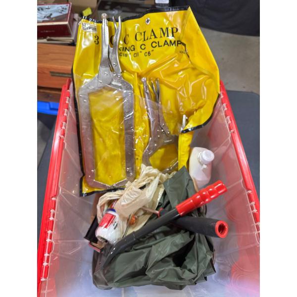 Three piece c clamp, locking c clamp kit, and various painting items, scrapers, paints, etcetera