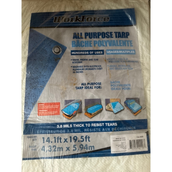 Very nice workforce all purpose polyvent 14 by 19 foot tarp and bucket of ropes, very good for campi