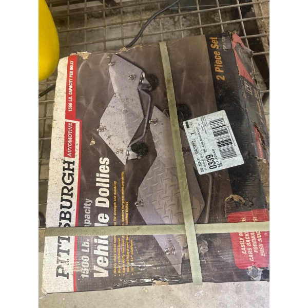 Pittsburgh 1500 pound capacity vehicle dollies, brand new in box, and all items on bottom shelf incl