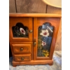Image 1 : Vintage wooden jewelry box, , featuring an armoire style with a glass door and drawers. 
It has a li