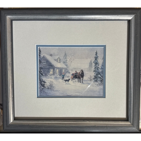 Framed limited edition artist print by Douglas Laird, titled "Winter's Welcome", featuring a horse-d