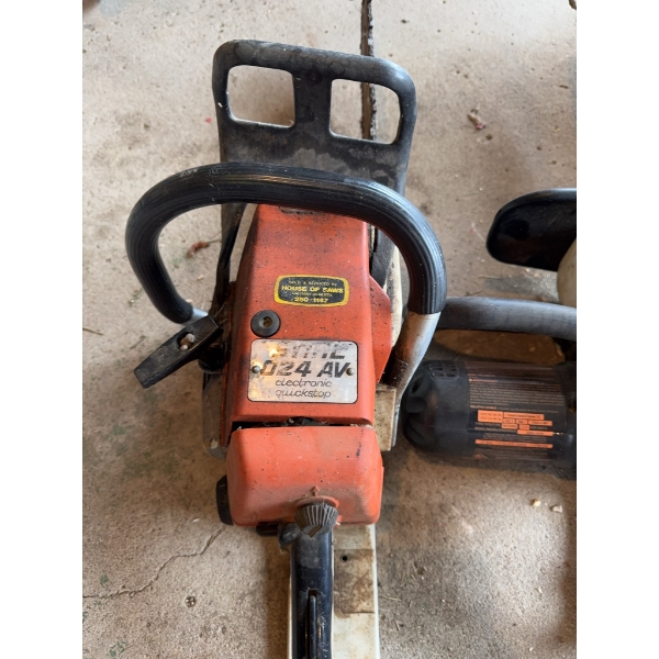 Stihl 024 AV gas chainsaw and a Remington 3.0 electric chainsaw with a 16-inch bar. Both chainsaws a