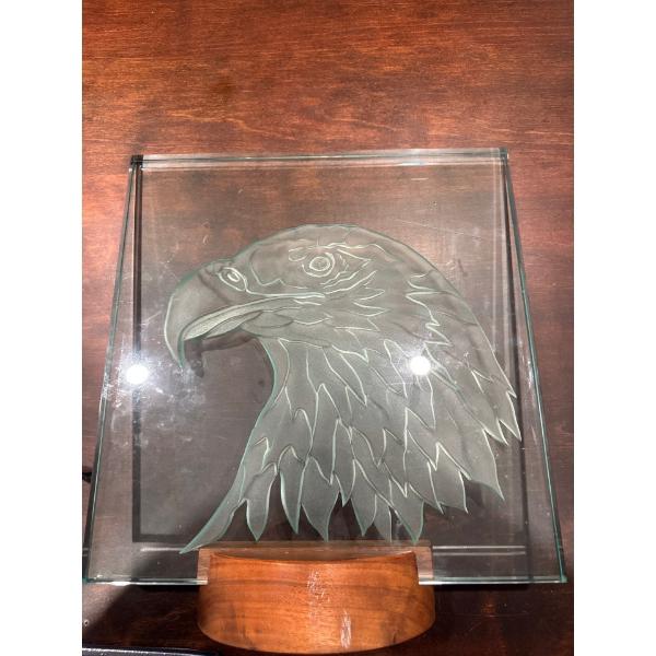 VERY NICE Large etched glass eagle. Very nice. In wood base. 12 inches by 13 inches.