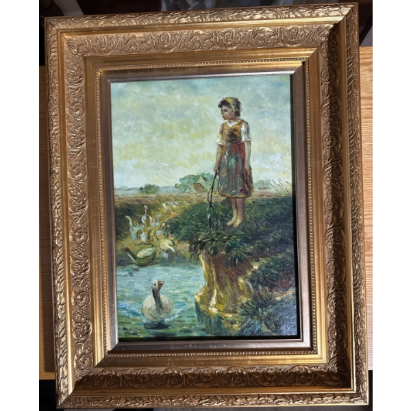  framed painting depicting a child standing on a bank watching over a flock of geese in a body of wa