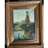 Image 1 :  framed painting depicting a child standing on a bank watching over a flock of geese in a body of wa