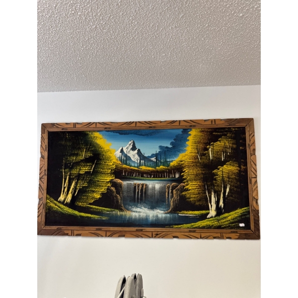 very nice velvet mountain stream painting with carved wooden frame 49 inches long by 26 inches wide