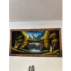 Image 1 : very nice velvet mountain stream painting with carved wooden frame 49 inches long by 26 inches wide