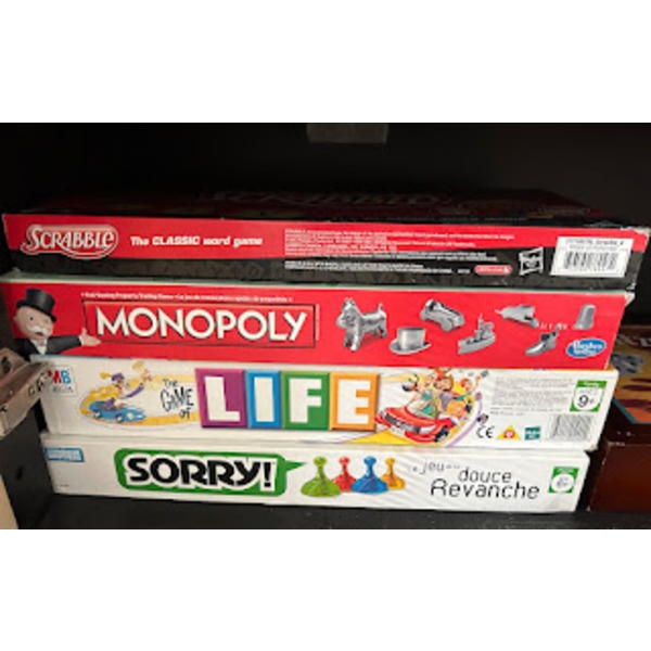  Board games include Monopoly, Scrabble, Sorry, Life and Yahtzee. All games include all pieces. 
