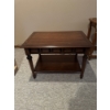 Image 1 : ark wood end table features a geometric apron design, a single side drawer, and a lower storage shel