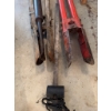 Image 3 : Multiple post hole diggers with wood and metal handles, a pair of long-handled red metal diggers, an