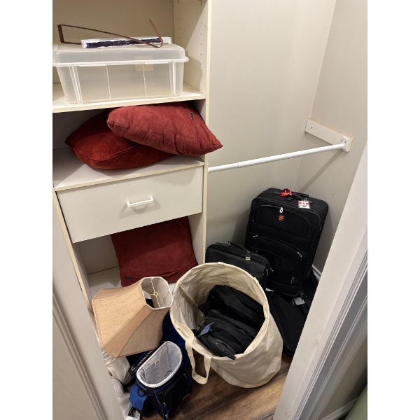 All contents in closet are included, multiple suitcases, briefcases, backpacks, laundry hamper, deco