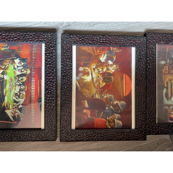 Three framed prints featuring C. M. Coolidge's 'Dogs Playing Poker' series: 'Poker Sympathy,' 'Water