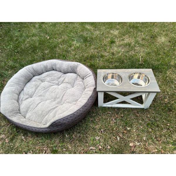 Raised dog bowl stand and medium like new dog bed