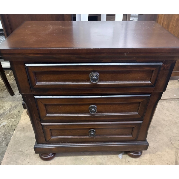Three Drawered Burnished Brown Nightstand w/Dark Bronze Hardware 29"x18"x30"tall