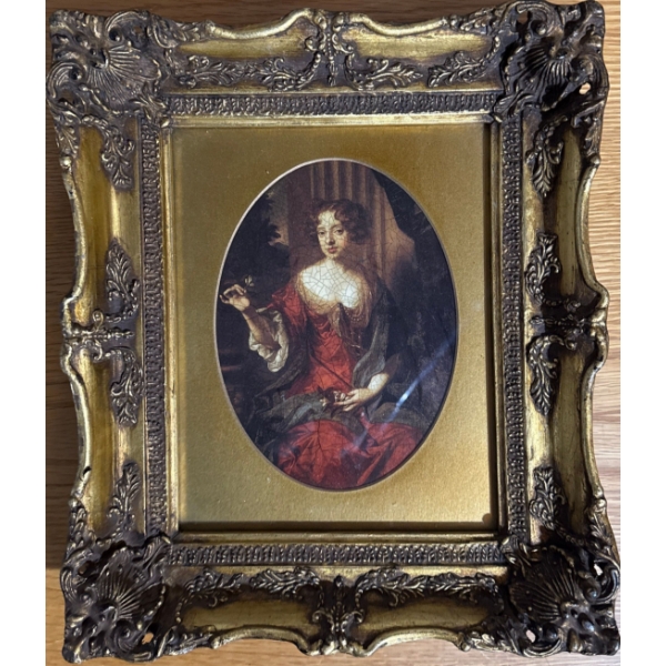  vintage reproduction print of a 17th-century portrait by Sir Peter Lely, housed in an ornate gold-c