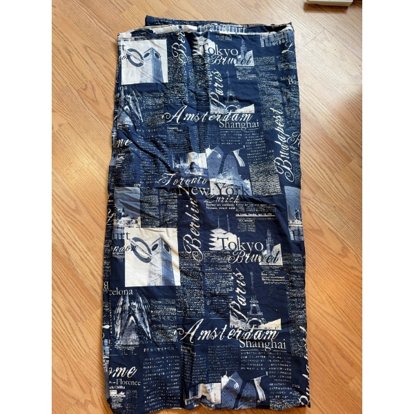Very nice blanket. The design showcases city names and architectural motifs in a blue and white colo