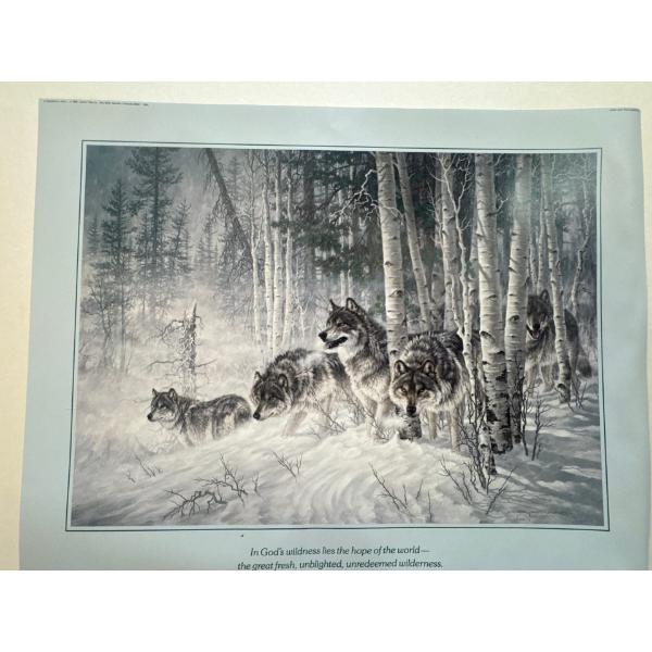 print of the painting "Crystal Forest" by artist Larry Fanning. 
The artwork depicts a pack of wolve