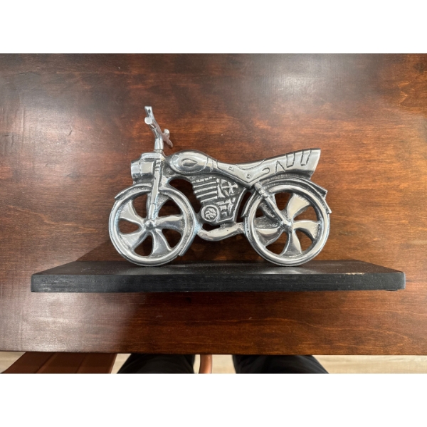 decorative aluminum motorcycle figurine, often described as a handmade or vintage-style collectible 
