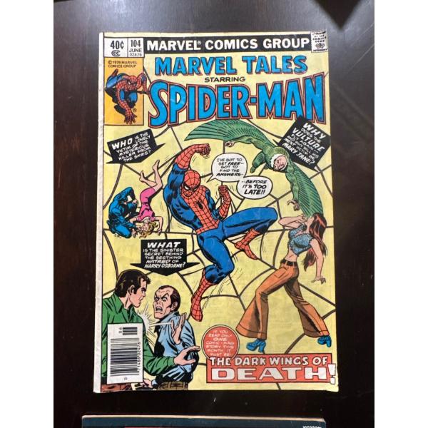  Marvel Tales #104 comic book featuring Spider-Man, originally published in June 1979. It includes a