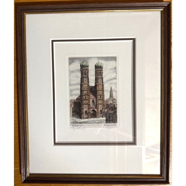 framed vintage illustration of the Frauenkirche in Munich, Germany, a prominent landmark known for i