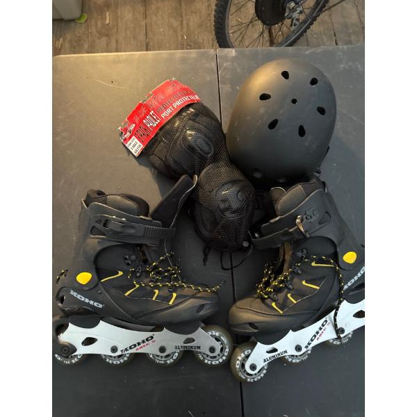 Koho rollerblades. Rollerblading helmet. Size large, extra large. Three pack of protective wear. Siz
