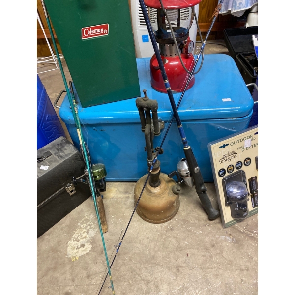 Assorted camping gear, antique lantern, antique Coleman lantern, water jugs, antique cooler, lunchbo