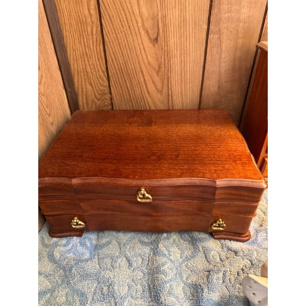  Wooden jewelry box filled with assorted costume jewelry. 