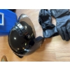 Image 3 : HJC full-face black motorcycle helmet with visor, a pair of Teknic armored gloves, and black leather