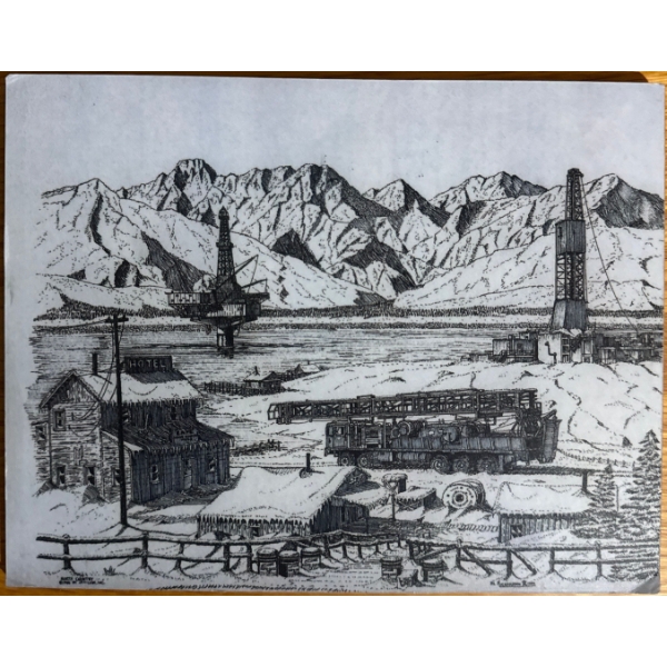  artwork is a black and white ink drawing depicting an industrial scene in a mountainous landscape, 