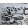 Image 1 :  artwork is a black and white ink drawing depicting an industrial scene in a mountainous landscape, 