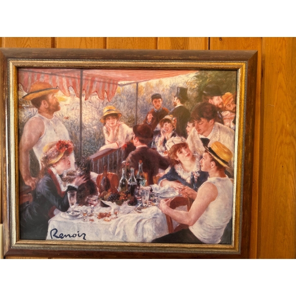 This is a framed reproduction of "Luncheon of the Boating Party" (Le Déjeuner des canotiers), a famo