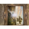 Image 2 :  vintage framed oil on canvas painting featuring a serene river landscape scene. 
Medium: Oil painti