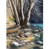 Image 2 : Oil on canvas landscape painting by Dolly Sellars, depicting a forest scene with a rocky stream and 